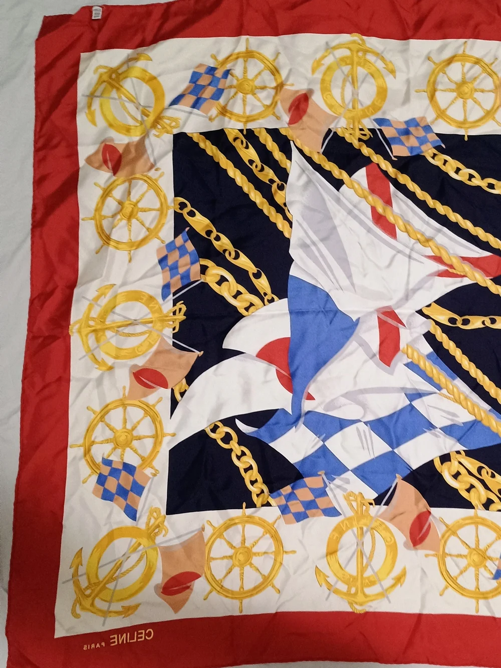 Celine Red, Navy, White & Gold Nautical Silk Scarf